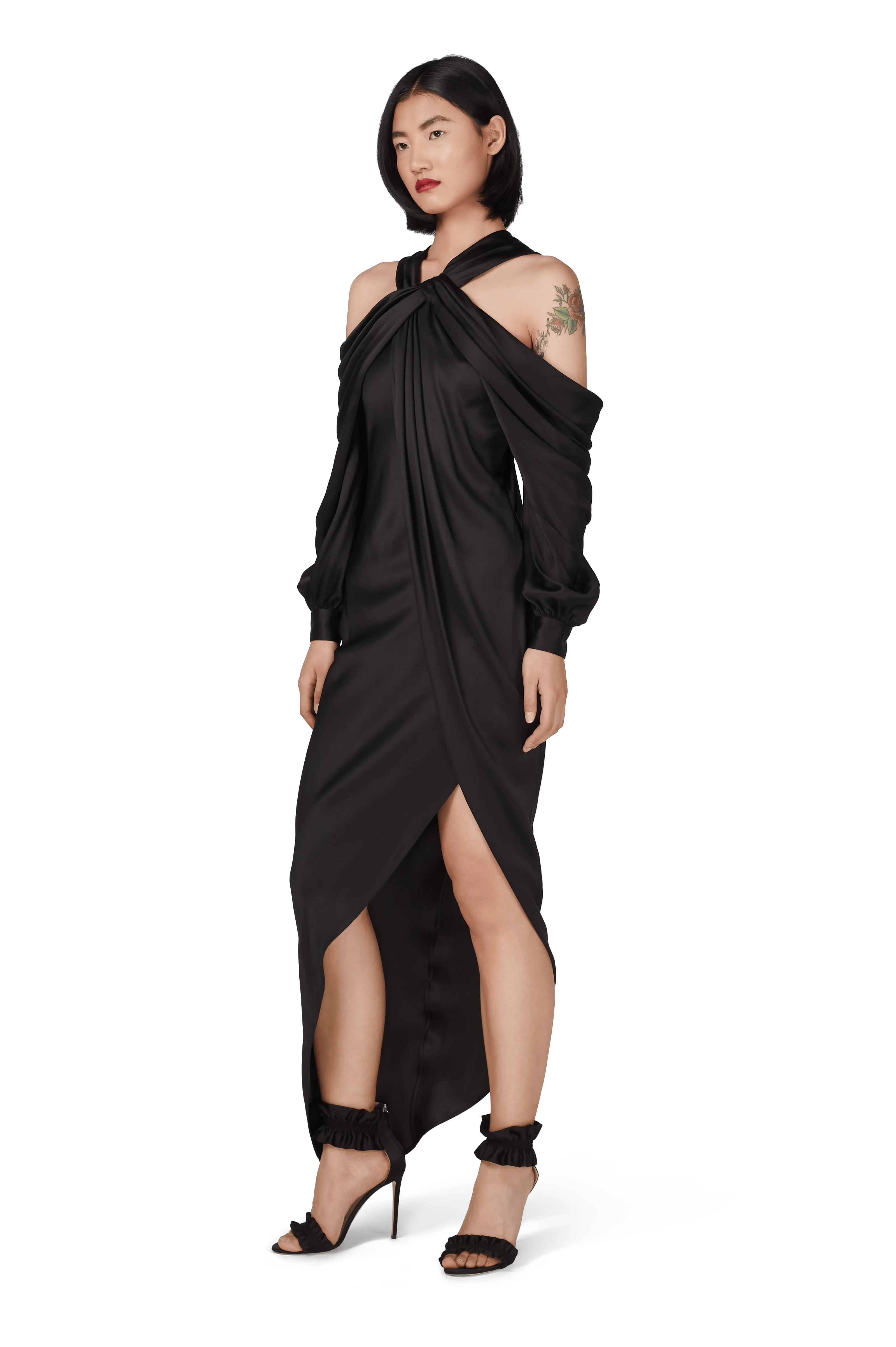 Black Double Silk Satin Off The Shoulder Draped Dress