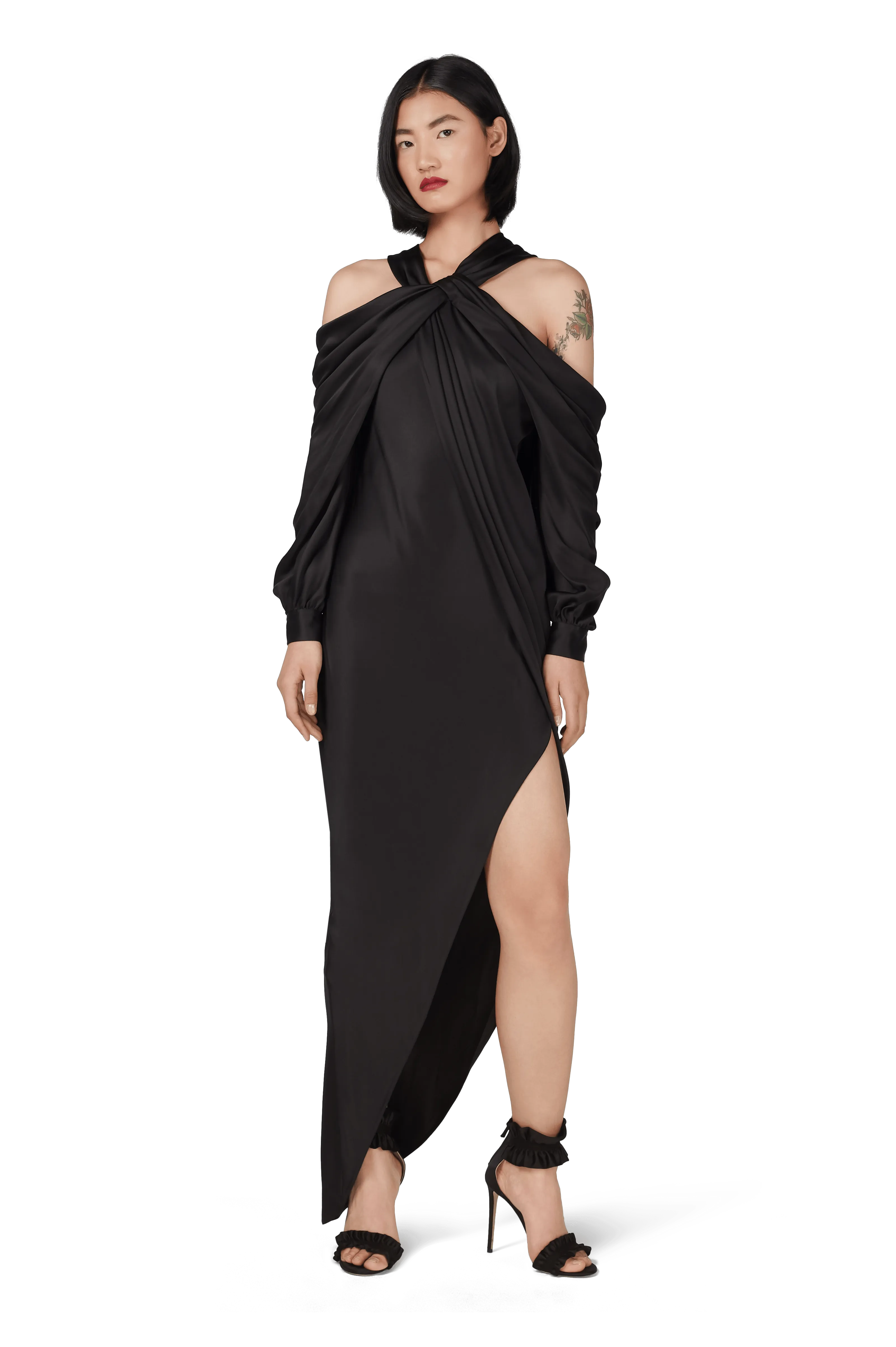 Black Double Silk Satin Off The Shoulder Draped Dress