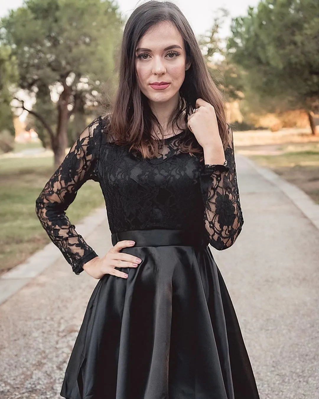 Black Long Sleeve Lace High Low Satin Prom Dress