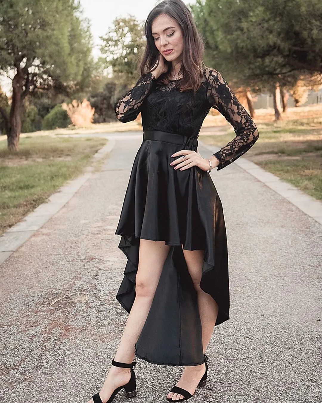 Black Long Sleeve Lace High Low Satin Prom Dress