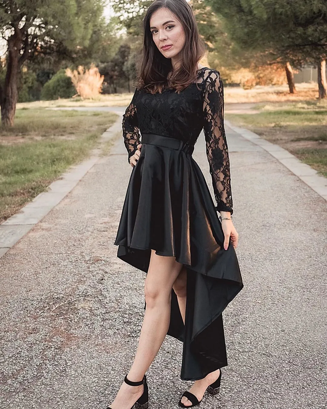 Black Long Sleeve Lace High Low Satin Prom Dress
