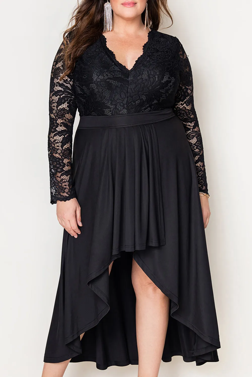 Black Plus Size High-Low Lace Contrast Evening Dress