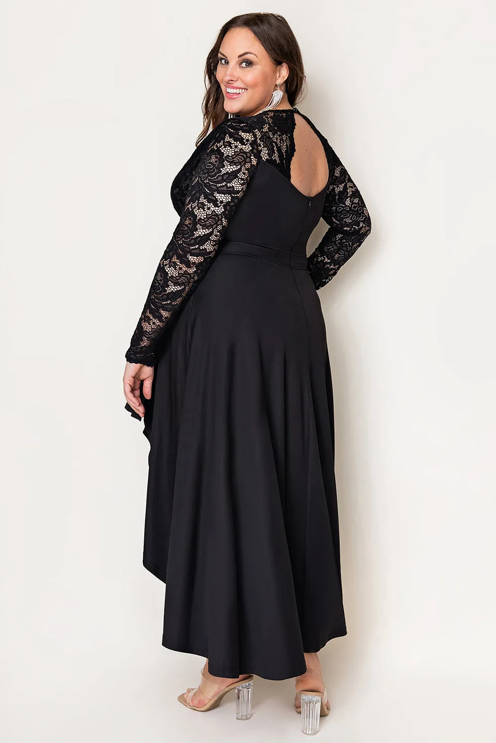Black Plus Size High-Low Lace Contrast Evening Dress