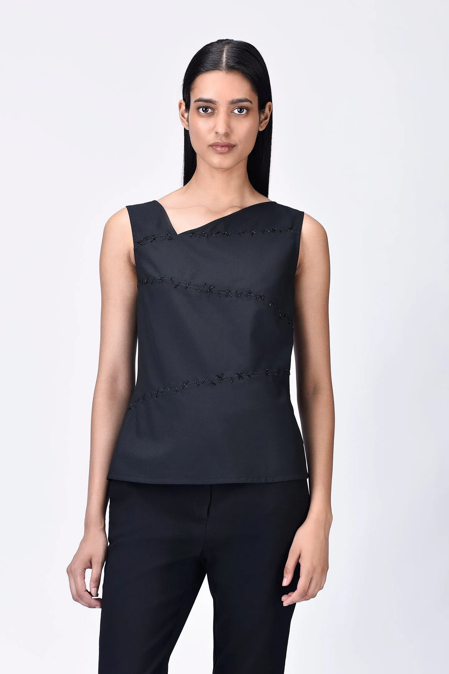 Black Poly Wool Asymmetrical Slim Fit Top with Beads Embroidery