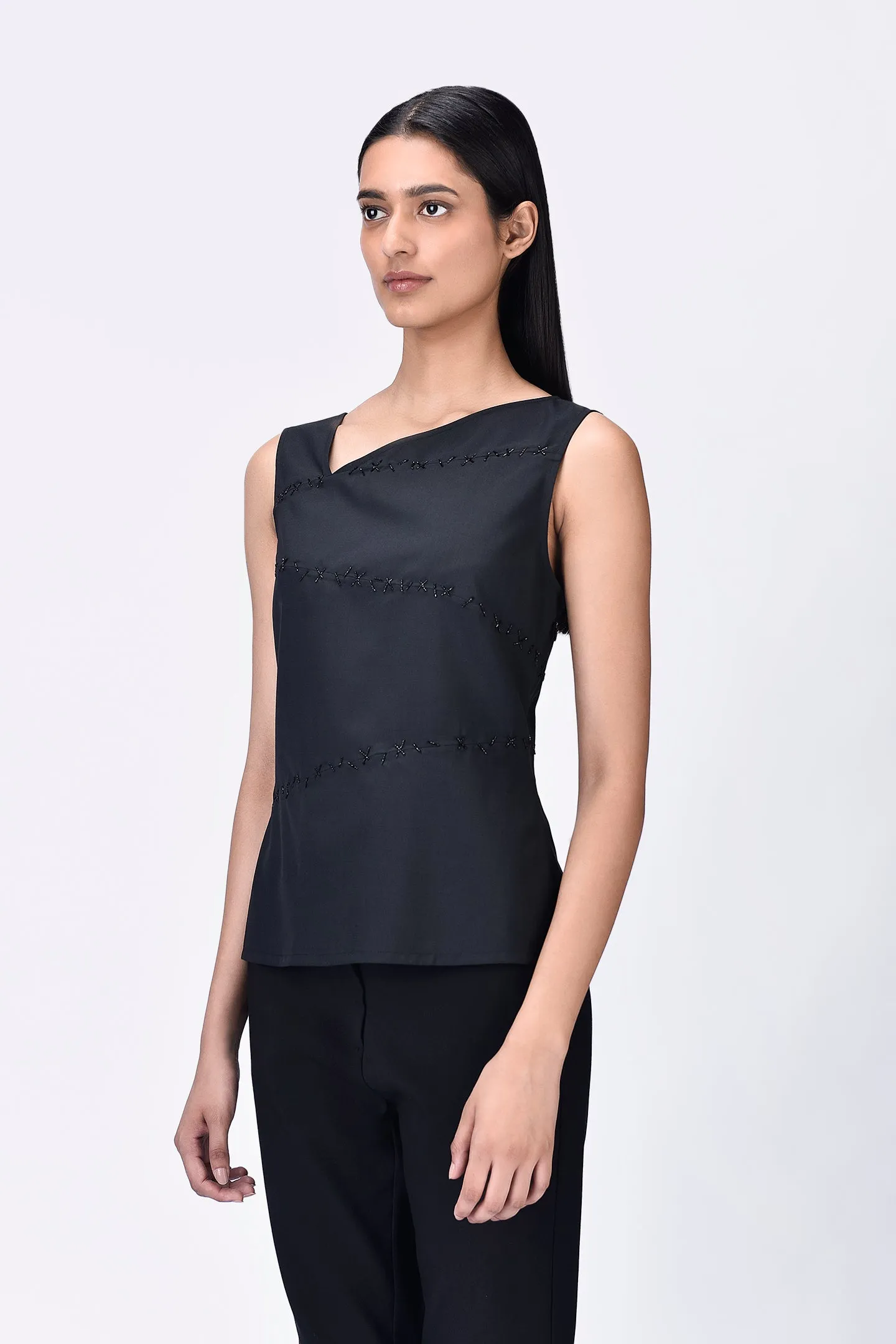 Black Poly Wool Asymmetrical Slim Fit Top with Beads Embroidery