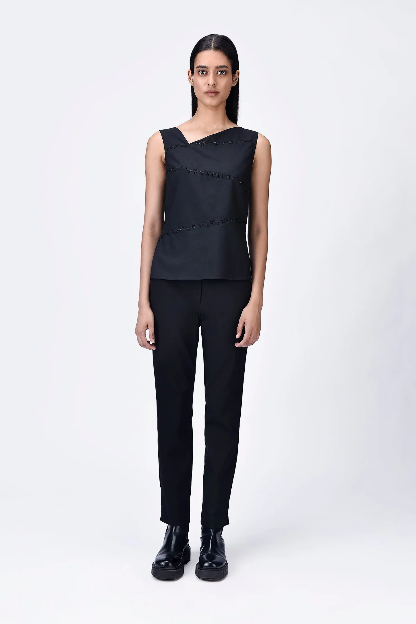 Black Poly Wool Asymmetrical Slim Fit Top with Beads Embroidery