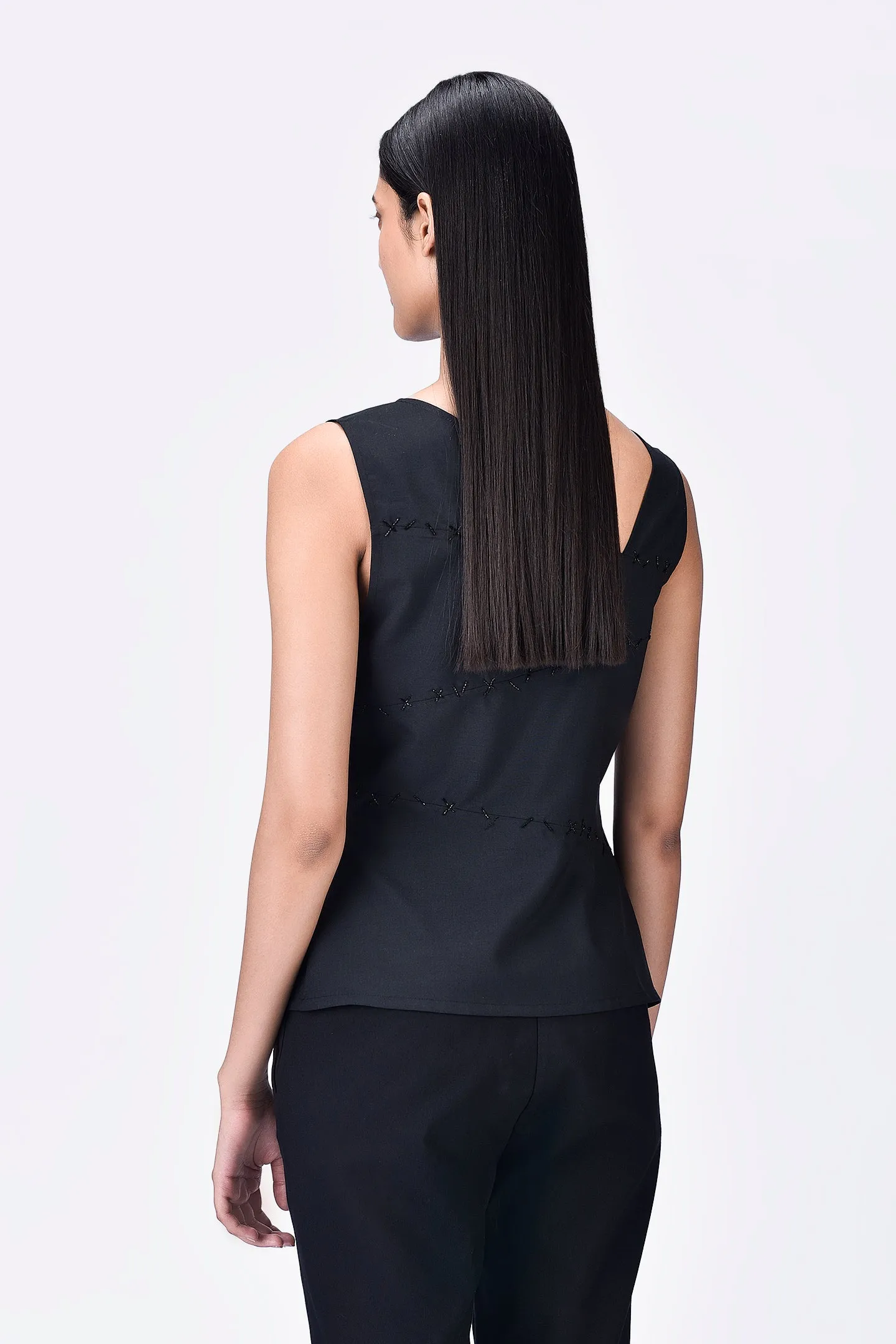 Black Poly Wool Asymmetrical Slim Fit Top with Beads Embroidery