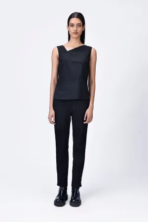 Black Poly Wool Asymmetrical Slim Fit Top with Beads Embroidery