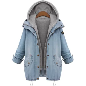 Blue Hooded Drawstring Boyfriend Trends Jean Swish Pockets Two Piece Outerwear Women Denim Buttons Coat Jackets