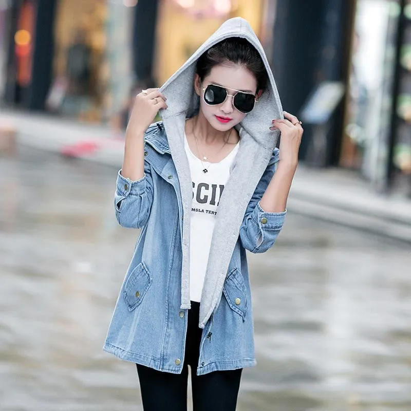 Blue Hooded Drawstring Boyfriend Trends Jean Swish Pockets Two Piece Outerwear Women Denim Buttons Coat Jackets