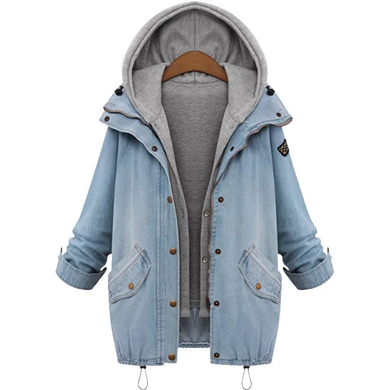 Blue Hooded Drawstring Boyfriend Trends Jean Swish Pockets Two Piece Outerwear Women Denim Buttons Coat Jackets