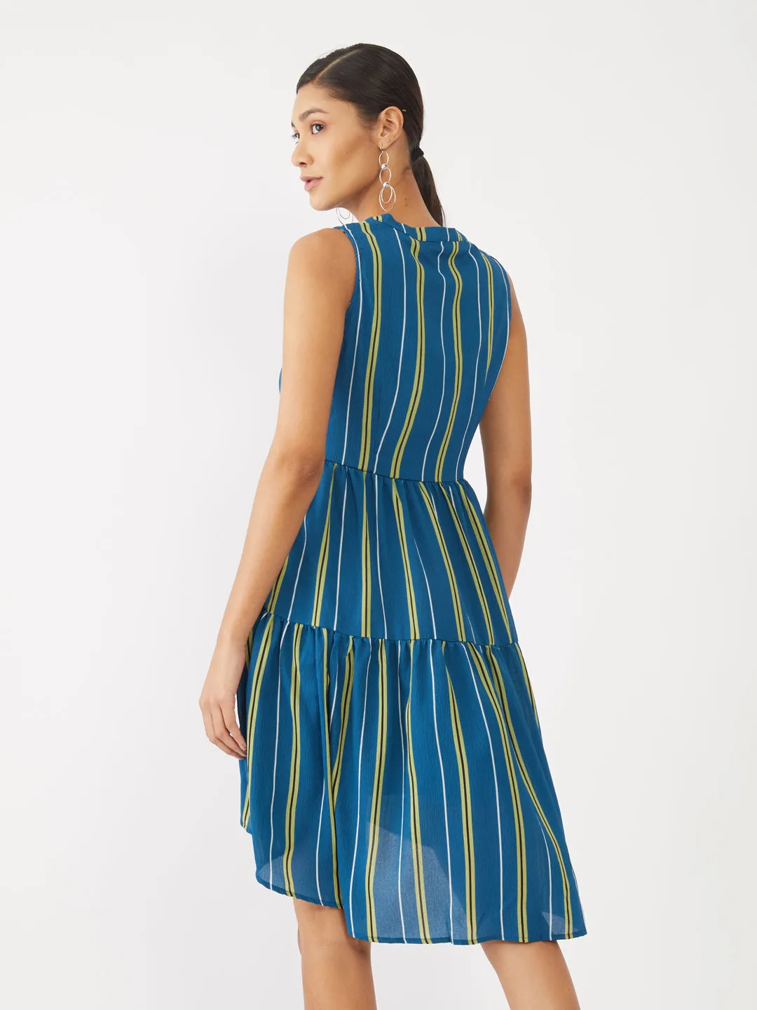 Blue Striped High-Low Short Dress