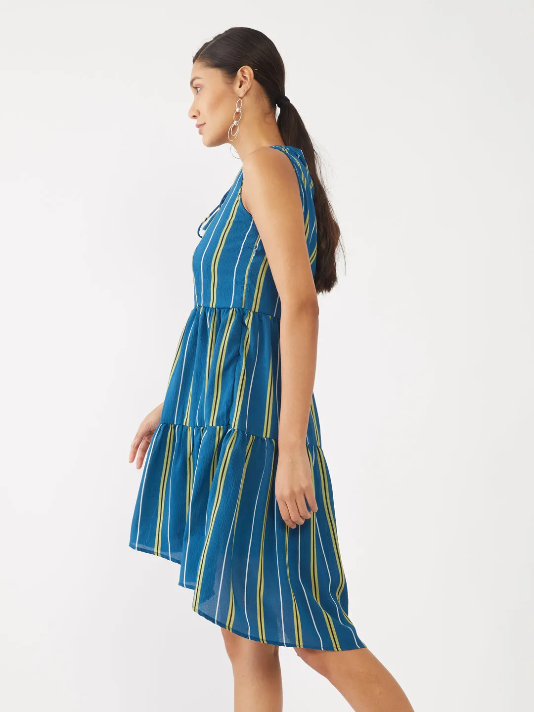 Blue Striped High-Low Short Dress