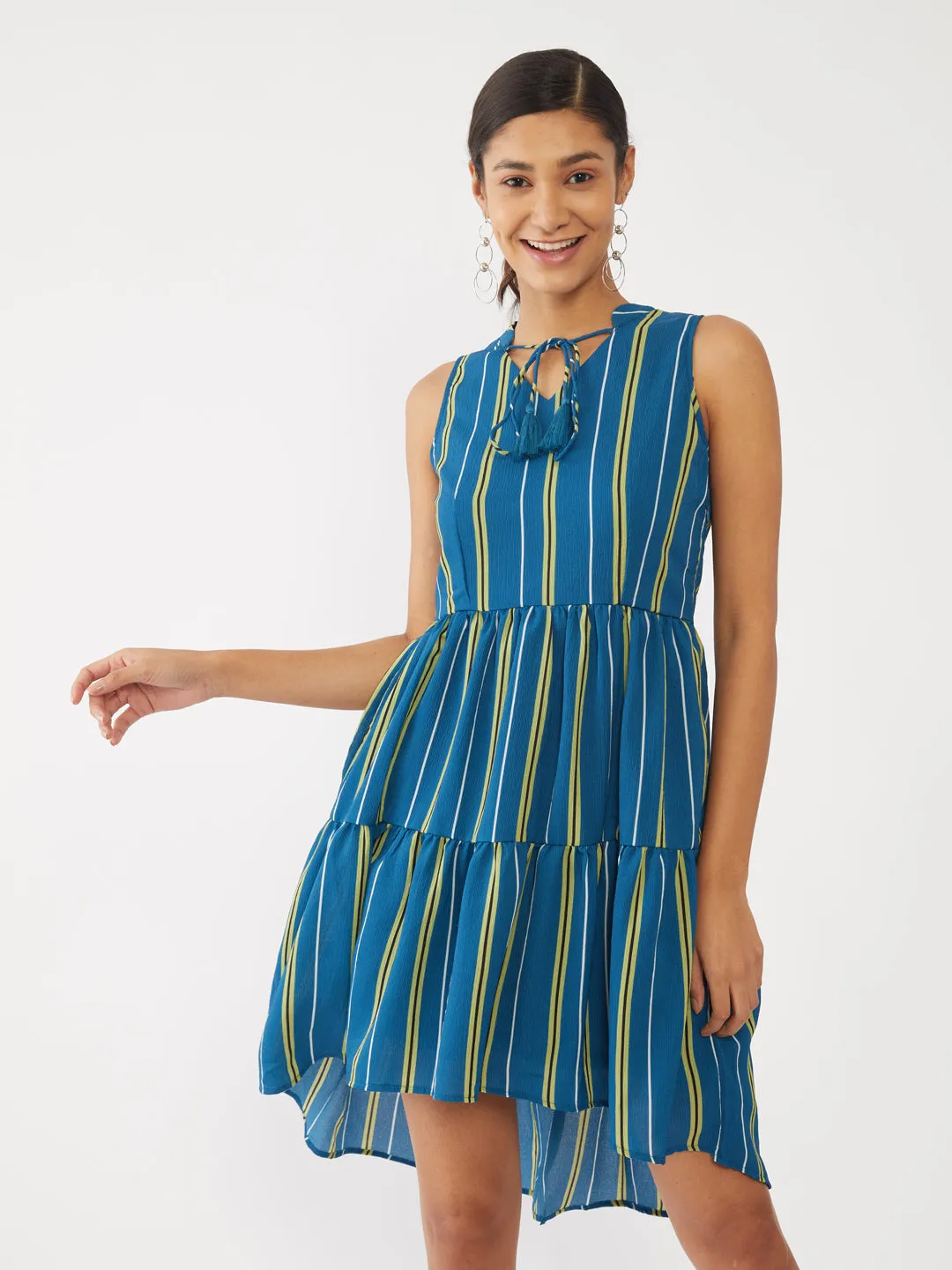 Blue Striped High-Low Short Dress