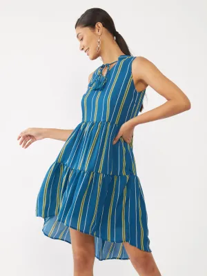 Blue Striped High-Low Short Dress