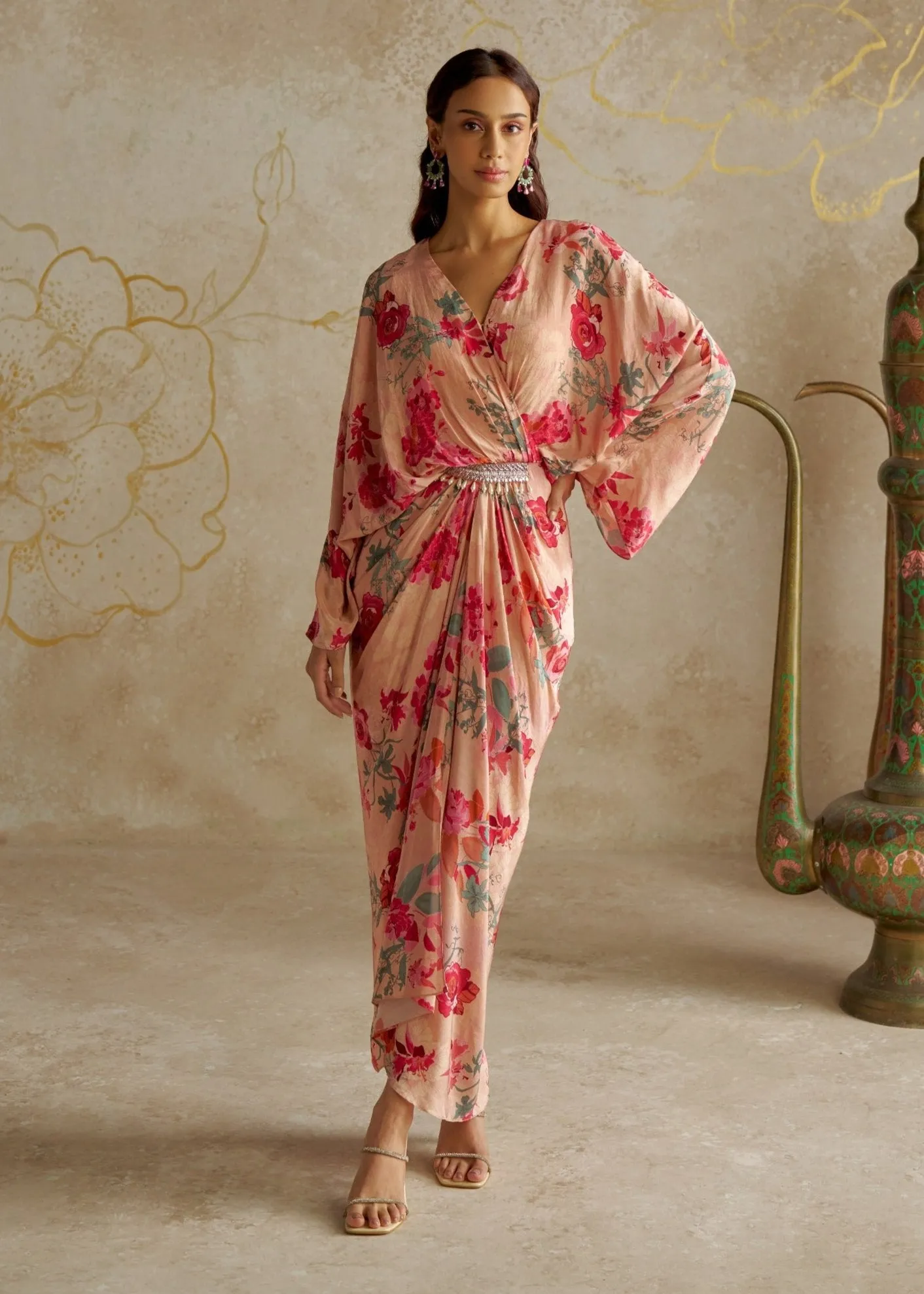 Blush rose draped kaftan dress