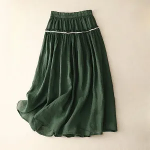 Buddha Stones Summer Casual Plain Pleated Ruffle Design Women's Skirt With Pockets