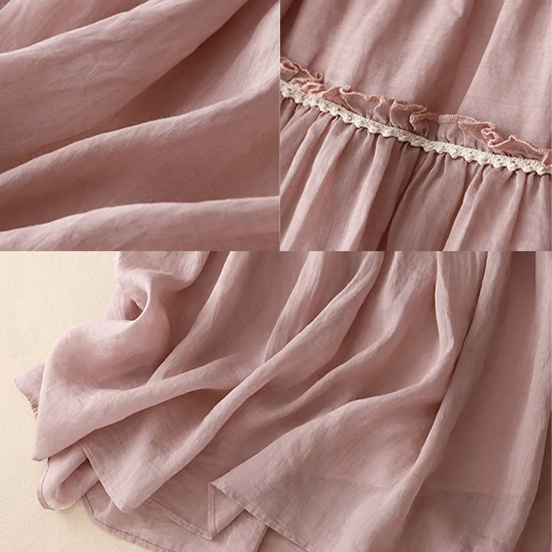 Buddha Stones Summer Casual Plain Pleated Ruffle Design Women's Skirt With Pockets