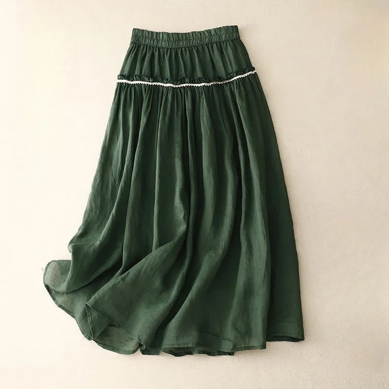 Buddha Stones Summer Casual Plain Pleated Ruffle Design Women's Skirt With Pockets