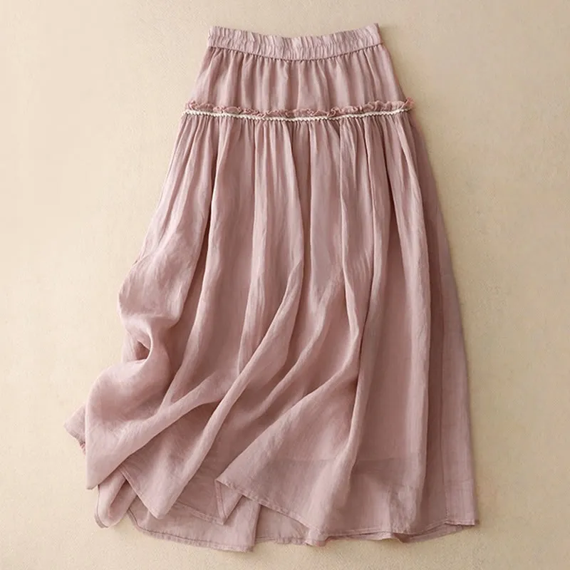 Buddha Stones Summer Casual Plain Pleated Ruffle Design Women's Skirt With Pockets