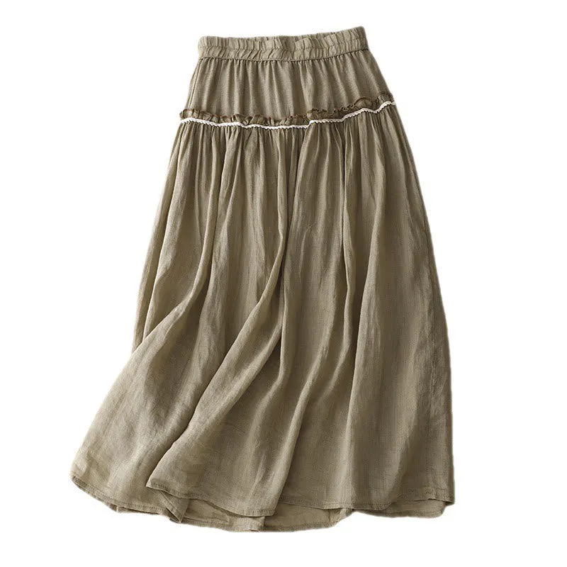 Buddha Stones Summer Casual Plain Pleated Ruffle Design Women's Skirt With Pockets