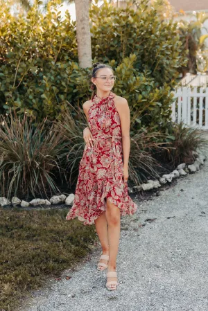 Burgundy Lurex Print Halter High Low Dress