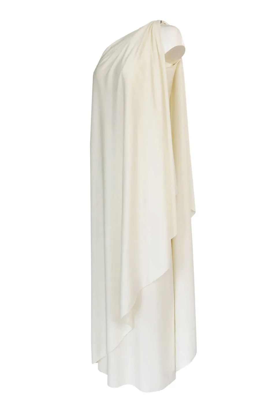 c.1978 Halston One Shoulder Draped Ivory Jersey Full Length Maxi Dress