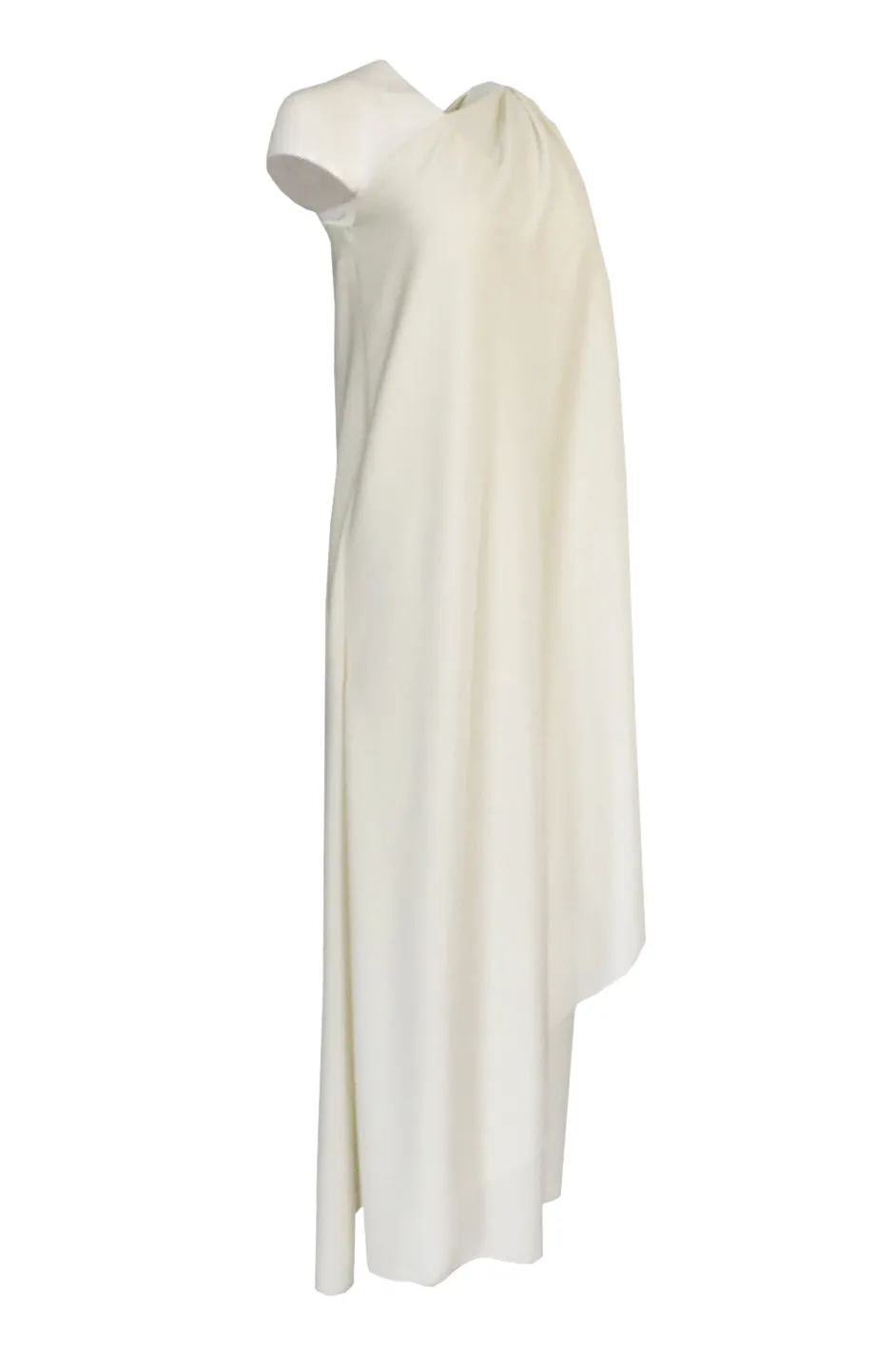 c.1978 Halston One Shoulder Draped Ivory Jersey Full Length Maxi Dress