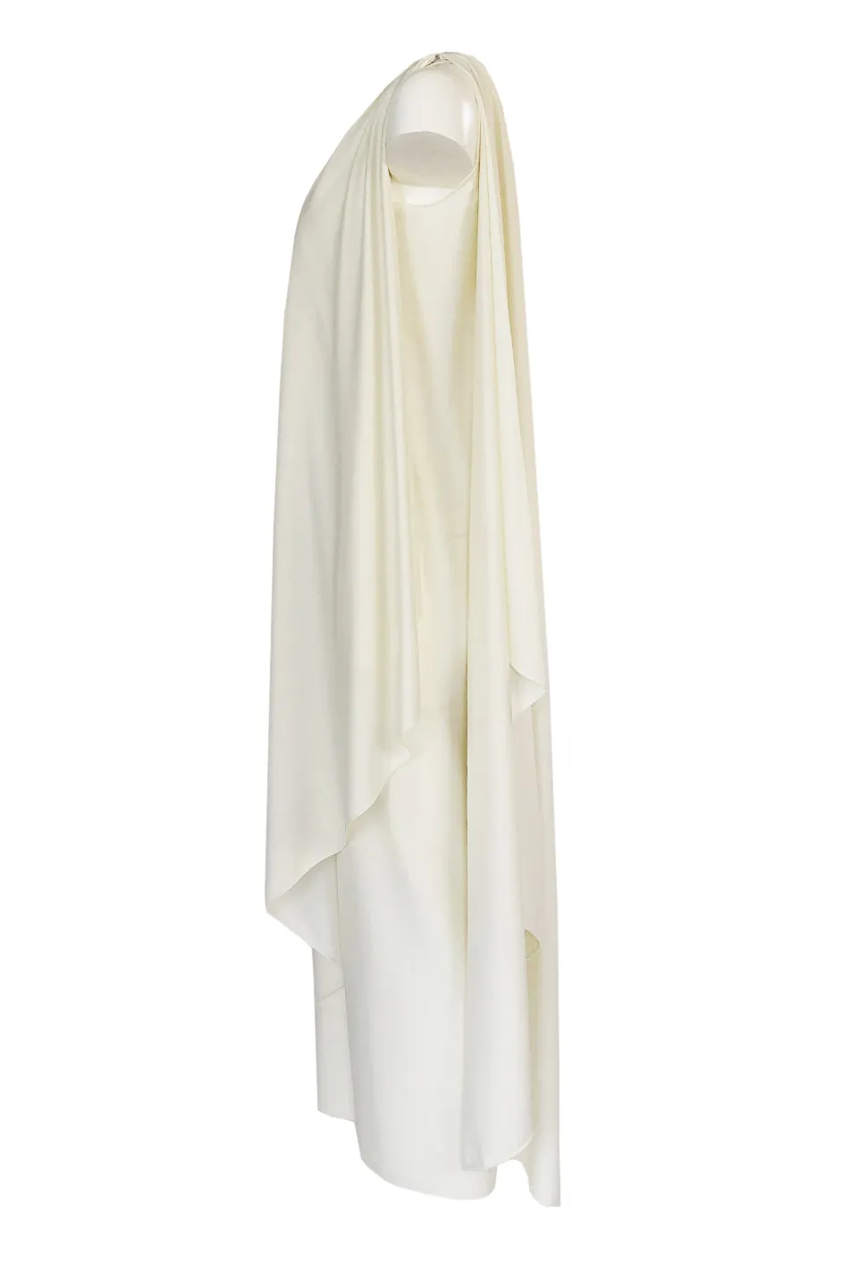 c.1978 Halston One Shoulder Draped Ivory Jersey Full Length Maxi Dress