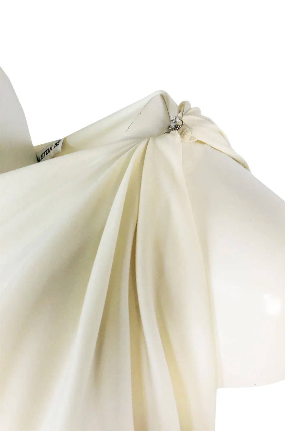 c.1978 Halston One Shoulder Draped Ivory Jersey Full Length Maxi Dress