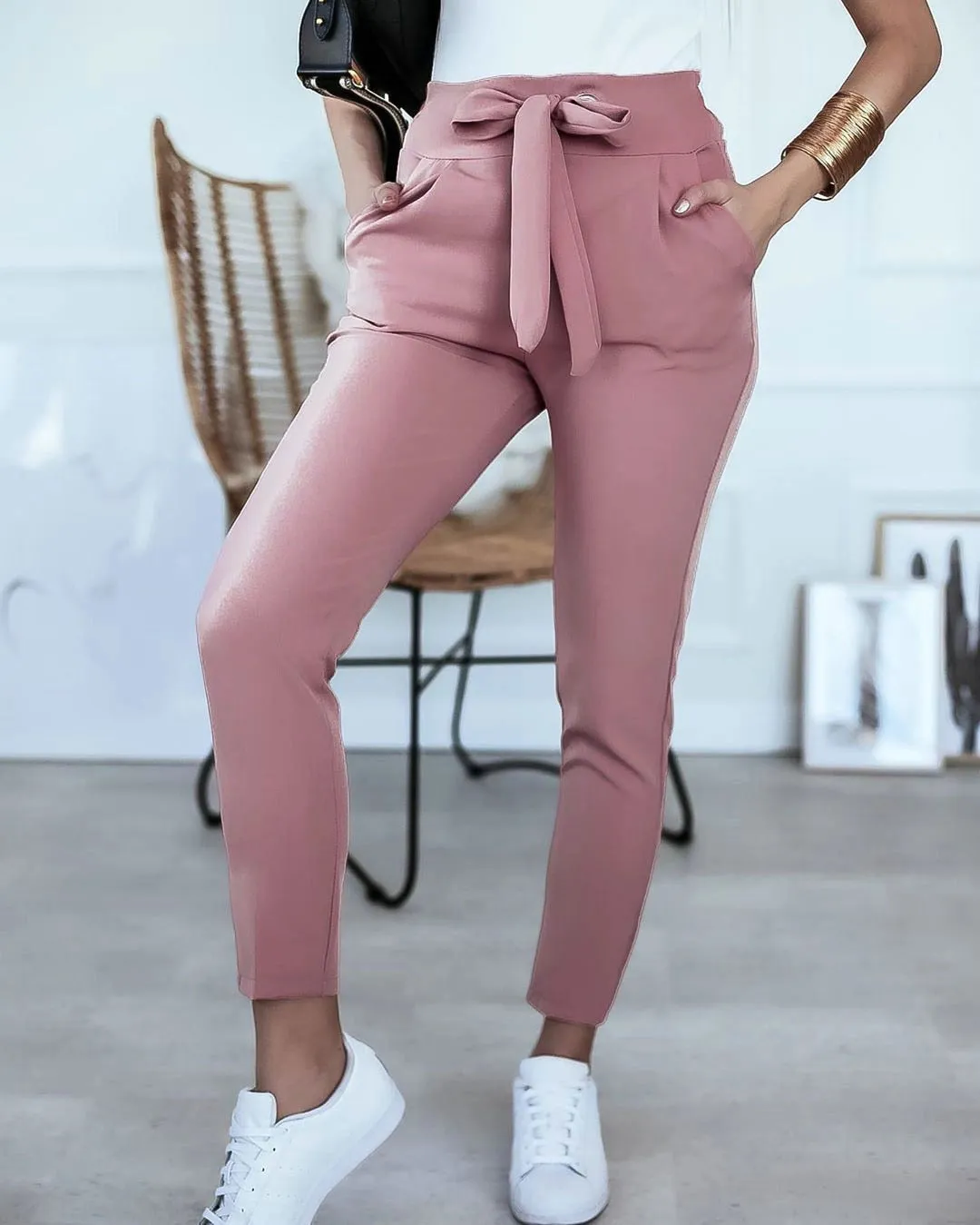 Caramel Tie-Waist Paperbag Trousers - Casual Chic Comfort Fit Women's Pants