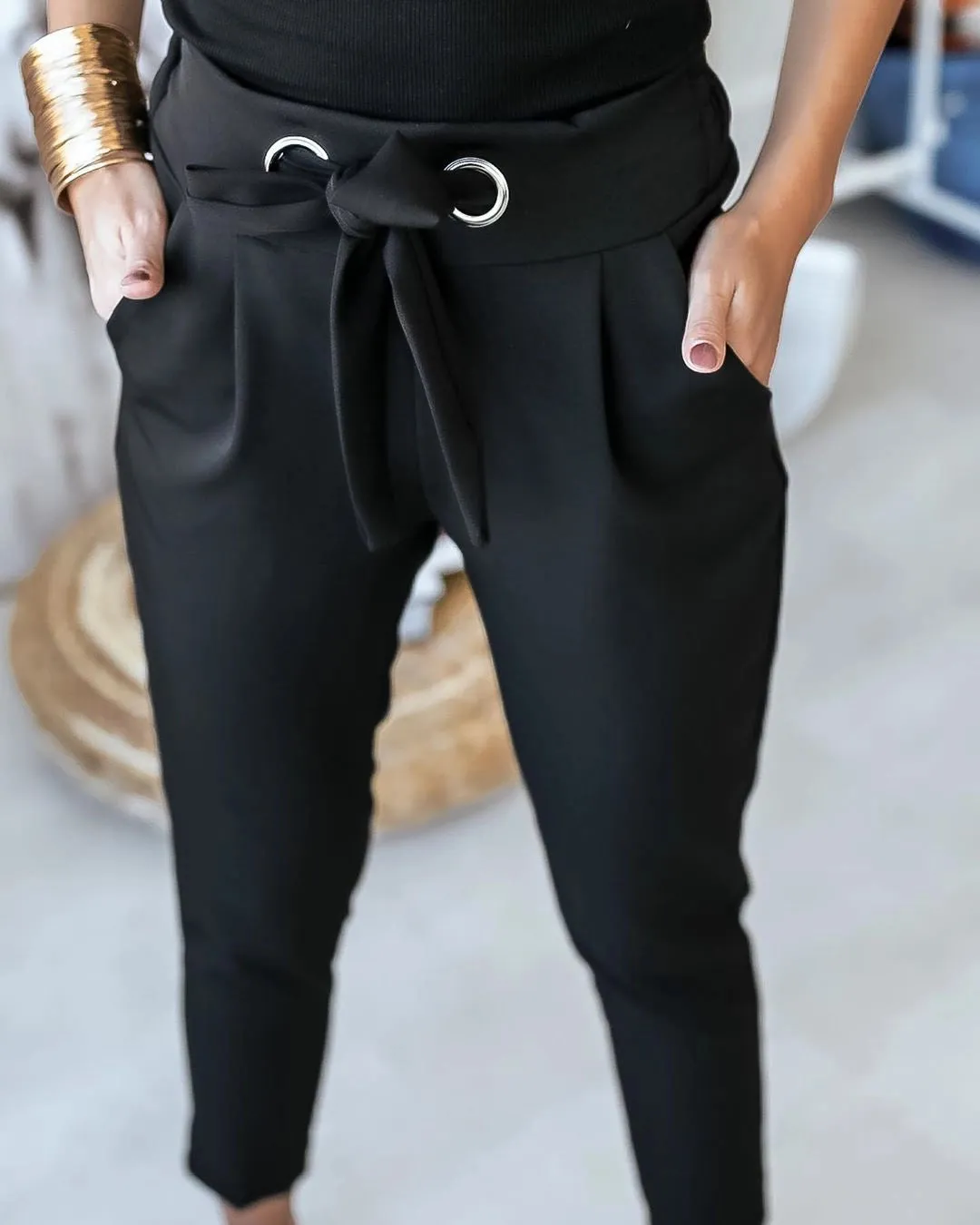 Caramel Tie-Waist Paperbag Trousers - Casual Chic Comfort Fit Women's Pants