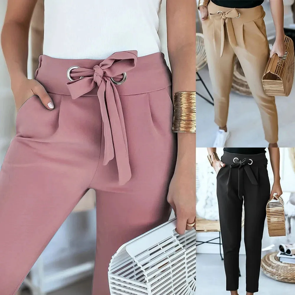 Caramel Tie-Waist Paperbag Trousers - Casual Chic Comfort Fit Women's Pants