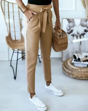 Caramel Tie-Waist Paperbag Trousers - Casual Chic Comfort Fit Women's Pants