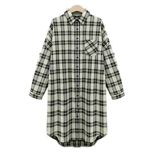 Casual Turn-Down Collar Draped Sleeve Single-Breasted Plaid Women's Midi Dress - White And Black 5xl