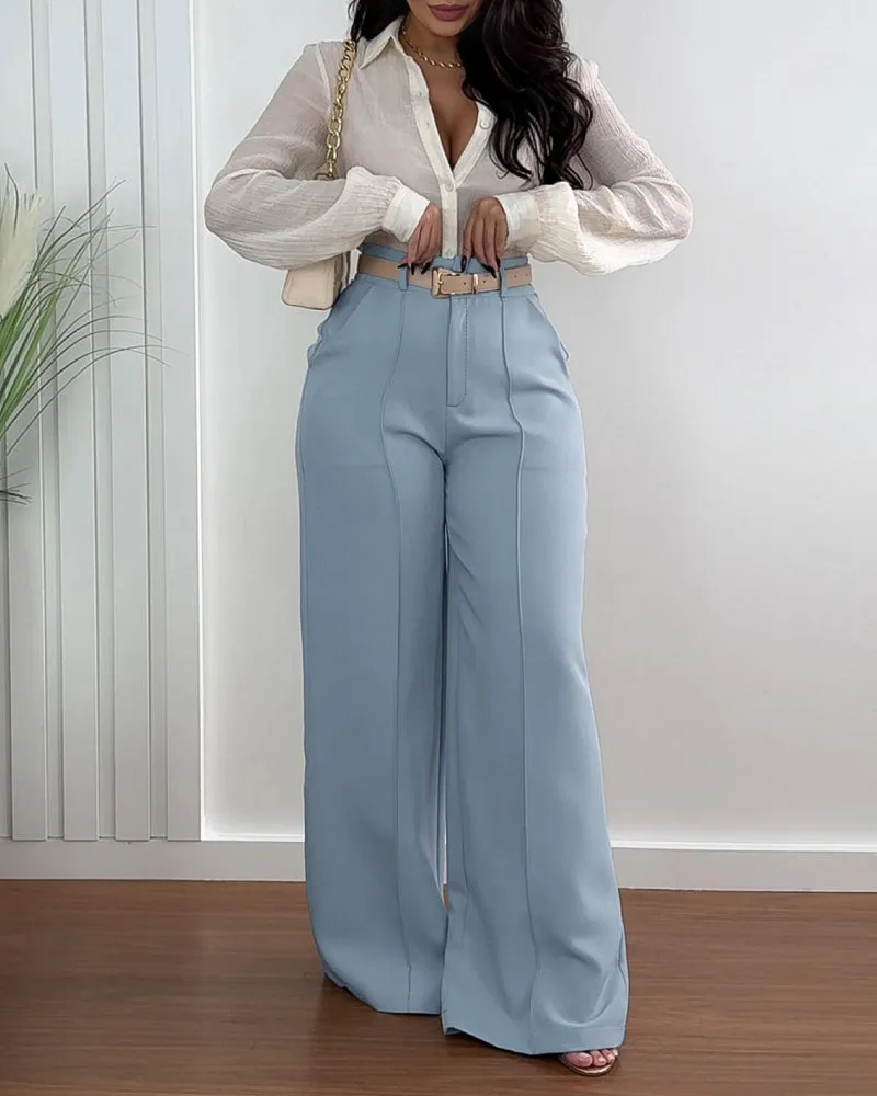 Chic Light Grey High-Waisted Wide-Legged Pants with Belt