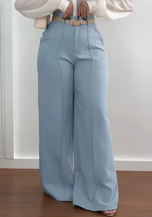 Chic Light Grey High-Waisted Wide-Legged Pants with Belt