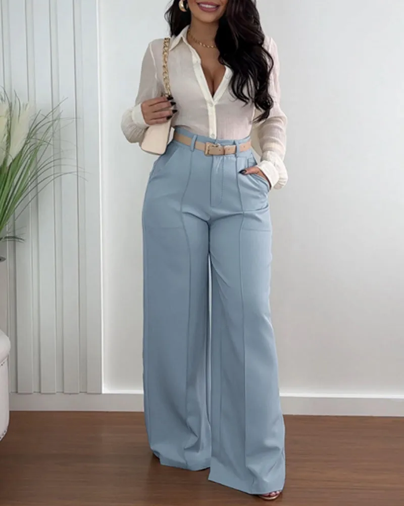 Chic Light Grey High-Waisted Wide-Legged Pants with Belt