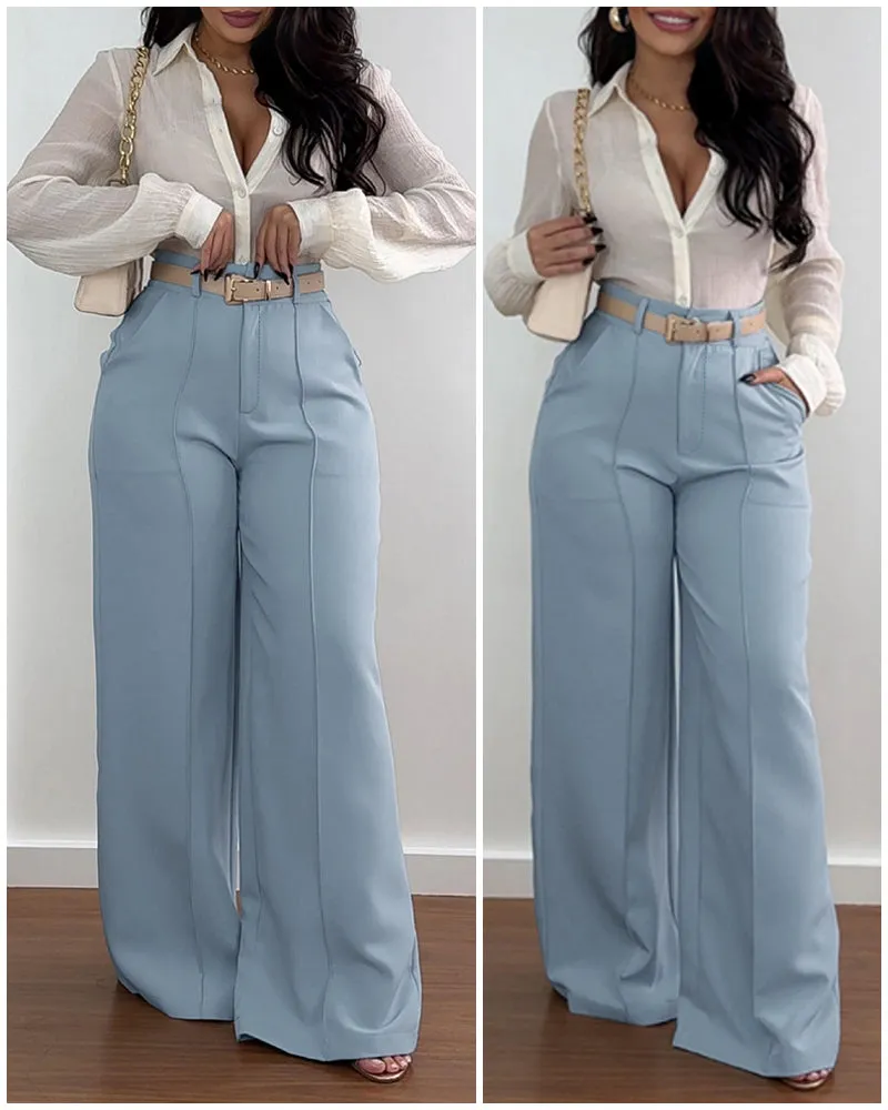 Chic Light Grey High-Waisted Wide-Legged Pants with Belt