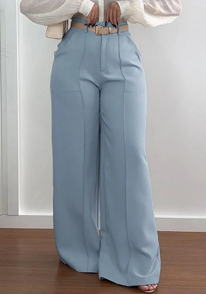Chic Light Grey High-Waisted Wide-Legged Pants with Belt