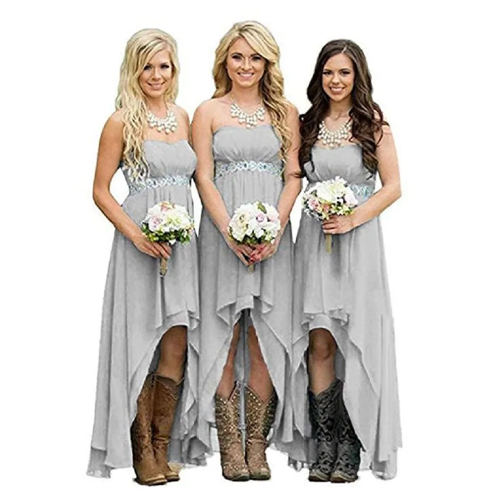 Chiffon Bridesmaid Dresses High Low Strapless Country Bridal Wedding Dress