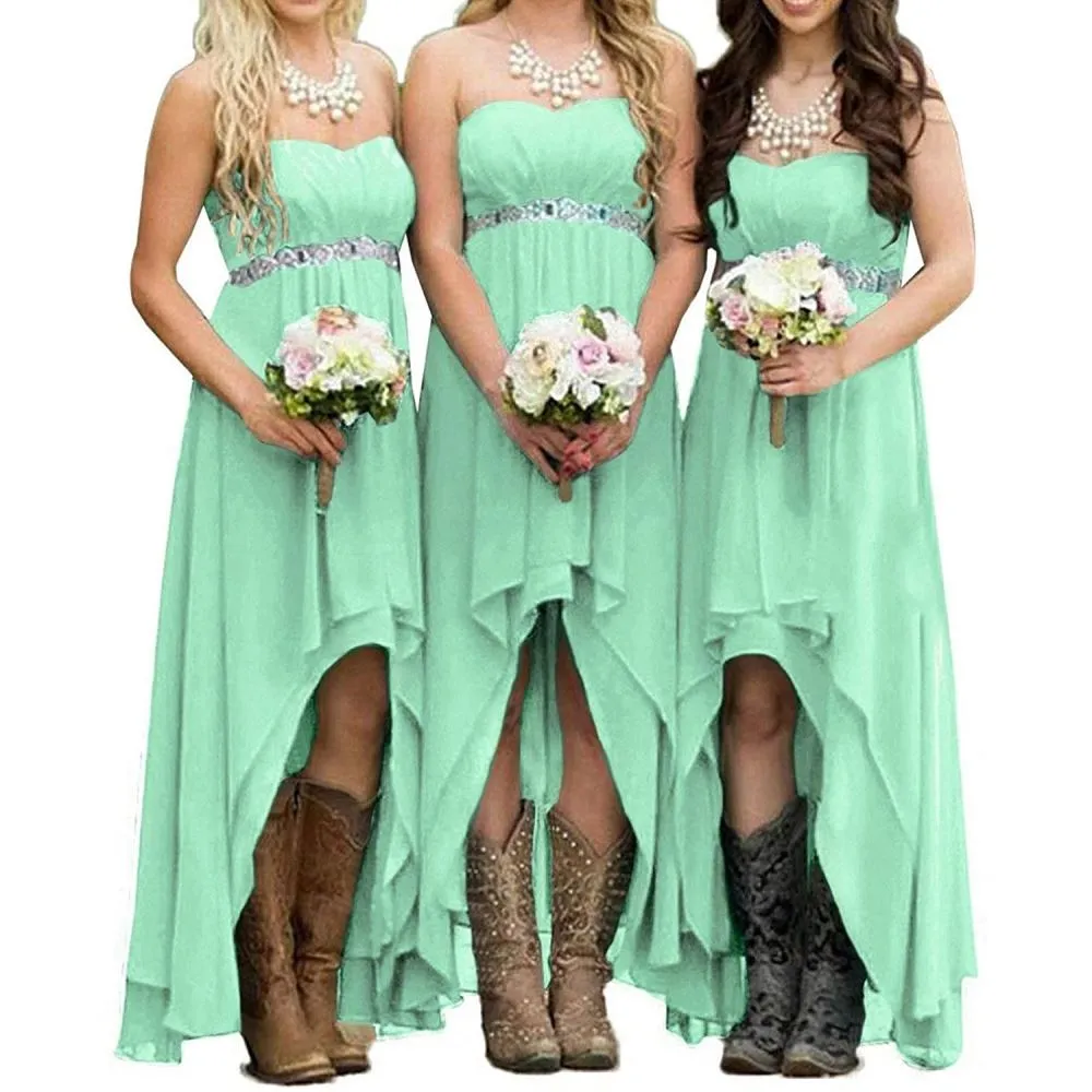 Chiffon Bridesmaid Dresses High Low Strapless Country Bridal Wedding Dress