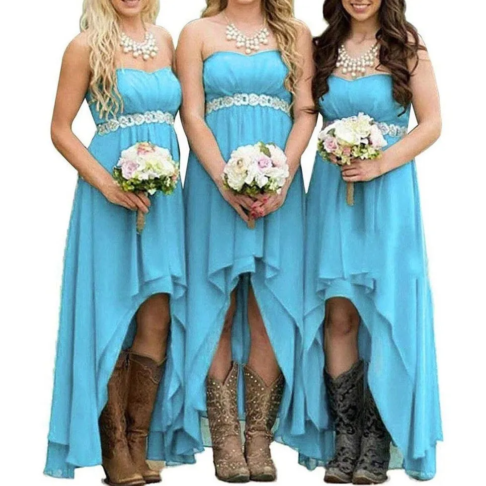Chiffon Bridesmaid Dresses High Low Strapless Country Bridal Wedding Dress