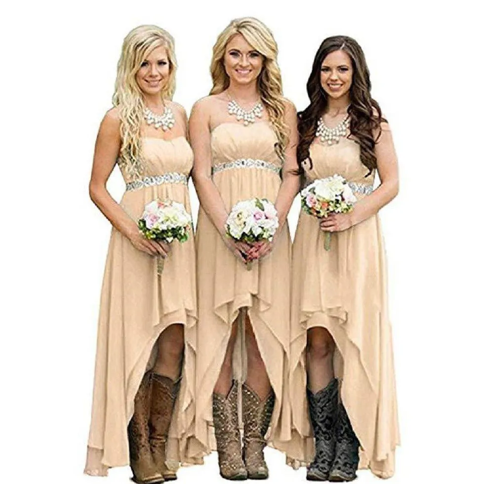 Chiffon Bridesmaid Dresses High Low Strapless Country Bridal Wedding Dress