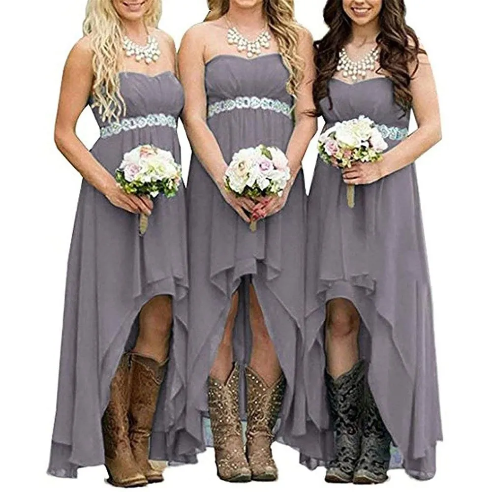 Chiffon Bridesmaid Dresses High Low Strapless Country Bridal Wedding Dress