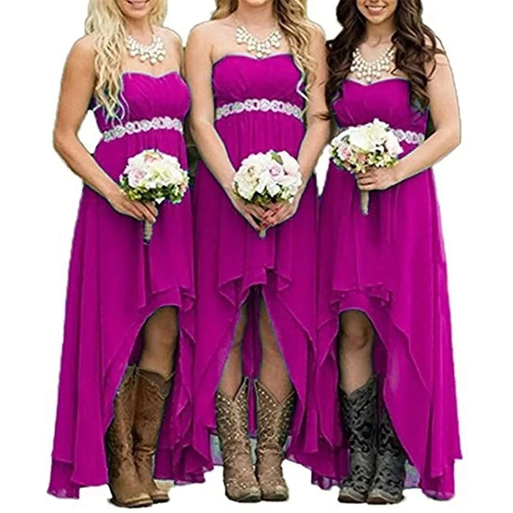 Chiffon Bridesmaid Dresses High Low Strapless Country Bridal Wedding Dress