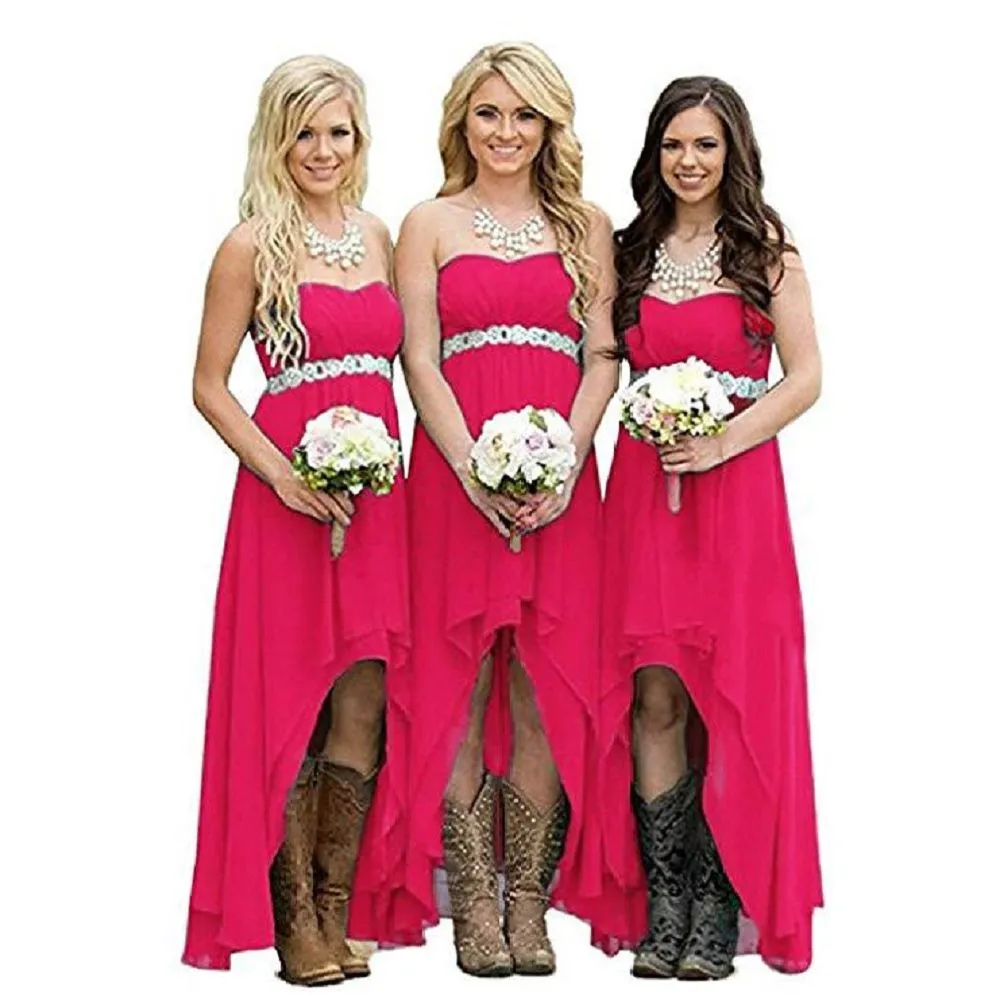 Chiffon Bridesmaid Dresses High Low Strapless Country Bridal Wedding Dress