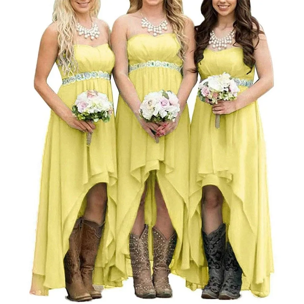 Chiffon Bridesmaid Dresses High Low Strapless Country Bridal Wedding Dress