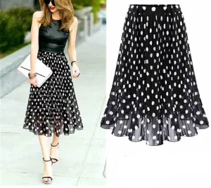 Chiffon polka dot skirt female black dots in the long waisted pleated skirt beach A