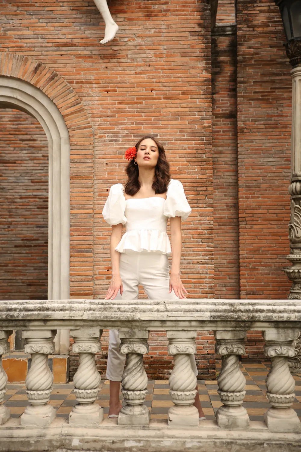 CLARA PANTS SET Peplum Puff Sleeve Blouse (White Linen)